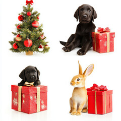Festive puppy and rabbit: A collection of delightful images featuring a Christmas tree, a curious rabbit and playful puppies and elegantly wrapped presents.