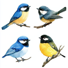 Four Birds of Paradise: A vibrant artistic composition featuring four distinct birds, each perched delicately on a branch against a clean, bright backdrop. Capturing the charm of avian life.