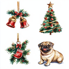Festive Pug and Holiday Cheer: A charming, watercolor illustration, featuring a pug dog alongside festive holiday elements like Christmas tree, bells, star. Infused with warmth.