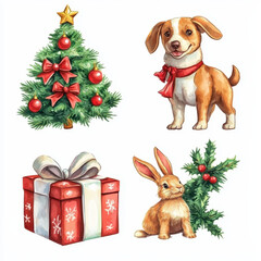 Holiday Cheer: A festive scene featuring a beautifully decorated Christmas tree, a playful puppy, a wrapped gift, and a charming rabbit, all in a heartwarming, illustrated composition.