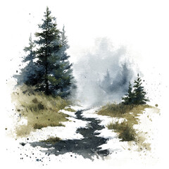 Watercolor Serenity A Snowy Forest Stream Embraced by Winter's Misty Tranquility, Isolated Art