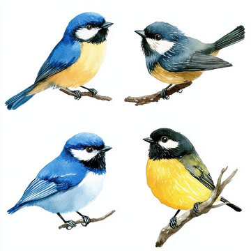 Four Birds of Paradise: A vibrant artistic composition featuring four distinct birds, each perched delicately on a branch against a clean, bright backdrop. Capturing the charm of avian life.