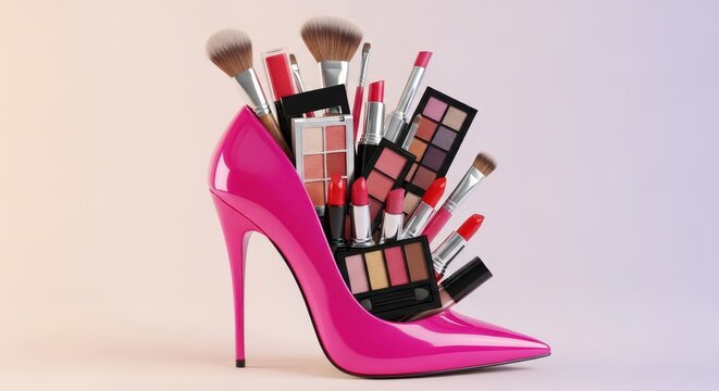 Creative arrangement of makeup products including lipsticks, eyeshadow palettes, and brushes inside a pink high heel shoe on a gradient background