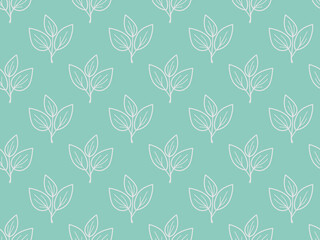 Elegant seamless pattern featuring delicate white leaf sprigs on a soft teal background.  Perfect for textile design, wallpaper, packaging, or website backgrounds.