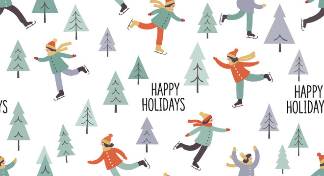 Joyful ice skaters celebrate winter holidays amidst whimsical pine trees, perfect for festive season designs