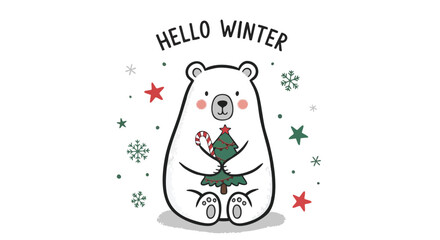 Hello Winter festive season with adorable polar bear holding Christmas tree and candy cane, perfect for holiday greetings or seasonal promotions