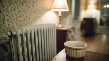 Vintage radiator and bowl steaming in a cozy room setting.