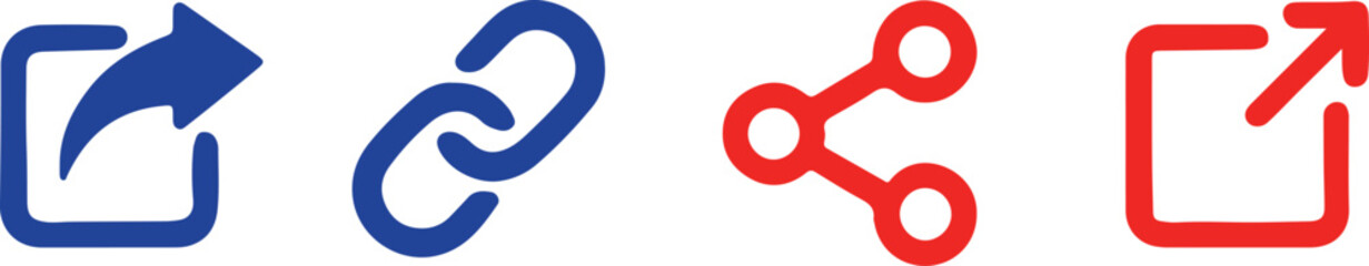 Blue and Red Icons for Sharing Linking and Exporting on White Background share icon link icon