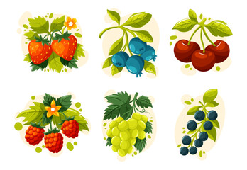 Juicy vector berries with green leaves. Cartoon berries for garden, food design, summer harvest and healthy lifestyle. Cherry, blueberry and strawberry garish illustration