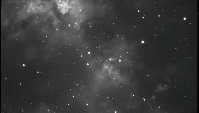 A grayscale image showcases a vast expanse of space, filled with scattered stars and nebulae, revealing celestial wonders.