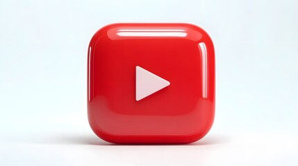 Glossy red youtube play button icon on white background