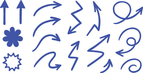 Collection of blue hand drawn arrows and shapes on white background direction symbol