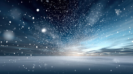 A winter wonderland with snowflakes falling gently, an open sky for adding text. Merry Christmas and Happy Holidays greeting card, frame, and banner. New Year. Noel. Winter Christmas theme.