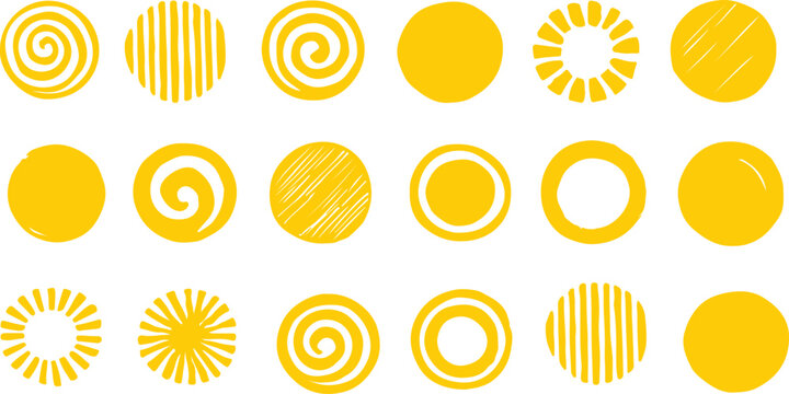 Collection of Yellow Circles and Abstract Shapes on White Background pattern