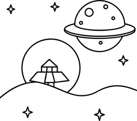 spaceship landing on alien planet line art