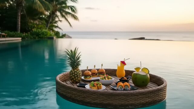 Tropical poolside scene featuring a variety of gourmet dishes and drinks at sunset