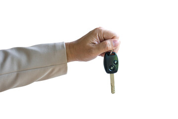 Man holding a car key, isolated on transparent background.