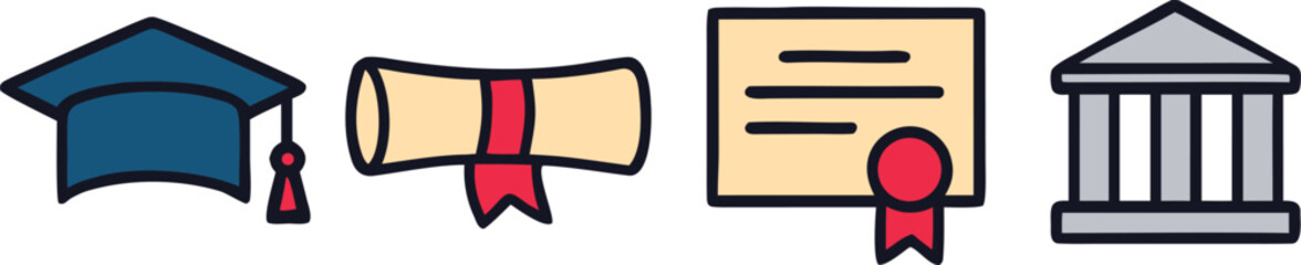 Graduation Cap Diploma Scroll Certificate and Building Icons mortarboard tassel