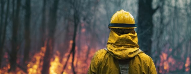 The firefighter facing the raging wildfires in a forest landscape.