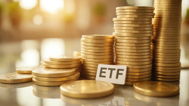 ETF Investment Growth Animation - Rising Golden Coin Stacks on Reflective Surface for Financial Services, Investment Education, and Wealth Management Content
