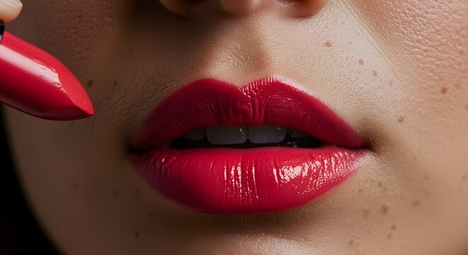 Ruby Red Radiance: A close-up captures the precise application of luscious red lipstick on full lips, showcasing the rich pigment and glossy finish, exuding confidence and elegance.