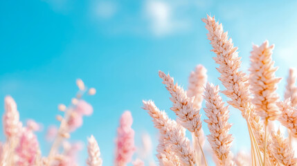 Sunlit Golden Wheat Stalks and Soft Pink Blooms Reaching Skyward Under Clear Aqua Blue Sky, Capturing Tranquil Beauty of Summer Field