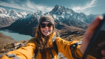 Adventure travel blogger captures stunning selfie at scenic mountain viewpoint in nature's breathtaking landscape