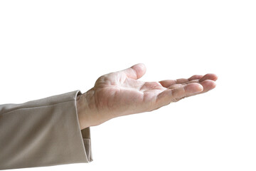Man stretching out his hand, palm open wide. Take or give concept. Isolated on transparent background.