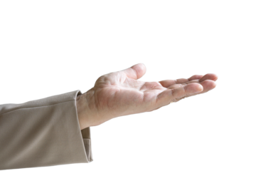Man stretching out his hand, palm open wide. Take or give concept. Isolated on transparent background.