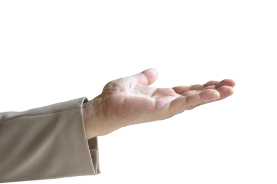 Man stretching out his hand, palm open wide. Take or give concept. Isolated on transparent background.