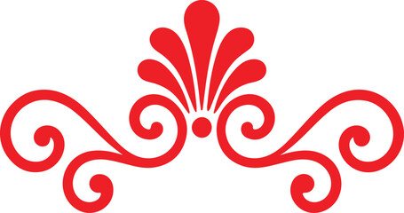 Red ornamental flourish with swirls and petal motif on white decorative