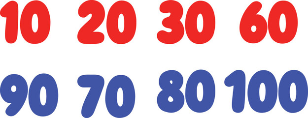 Red and Blue Numbers 10 Through 100 on Transparent Background vector