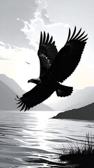 Majestic eagle soaring over a tranquil lake