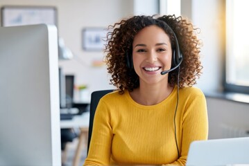Office action smiling woman with headset in modern workspace professional environment engaging viewpoint