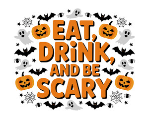 Halloween typographic art design with pumpkins, ghosts, and bats  