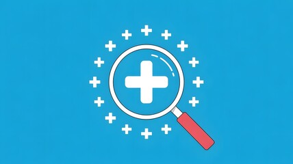 Fototapeta premium Plus sign symbol. Magnifying glass focusing on plus sign surrounded by small plus icons on blue background, symbolizing positivity, healthcare, benefits, growth, insurance, medical, and added value.