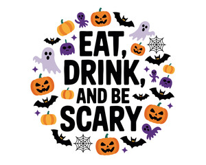 Halloween-themed typographic art design with pumpkins and ghosts  