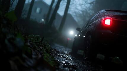 Eerie encounter with cars shrouded in mist along a dark winding forest road