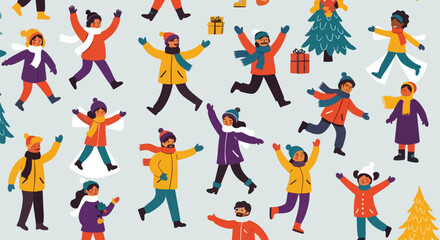 Naklejka premium Joyful diverse people celebrating winter fun with snow falling and festive trees creating a vibrant holiday atmosphere