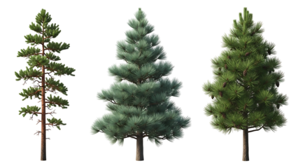 Three pine trees, different shades of green, against a black background