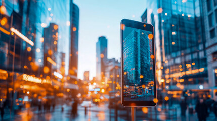 Dynamic urban panorama at dusk, featuring smartphone displaying detailed city view amidst blurred background of teal skyscrapers and glowing orange streetlights, symbolizing advanced smart city techno