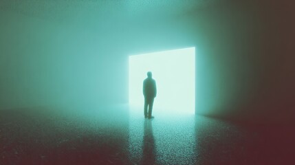 Obraz premium Figure in teal room stands before glowing portal, symbolizing transition, future, or the unknown path ahead.