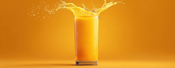 The refreshing splash of orange juice in a glass against a vibrant background.