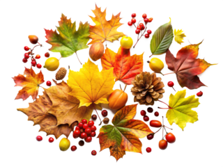 Autumn Leaves and Natural Elements Composition on White Background ,PNG. AI  Generated 