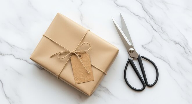 Preparing a Gift With Wrapping Paper Twine and Scissors