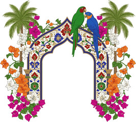 Create a Mughal ethnic pattern, arch, palm tree, bougainvillea flowers, parrot illustration for wedding invitation vector art with white background. © al