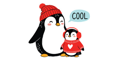 Adorable cartoon penguins dressed in winter gear share a heartwarming moment, radiating pure joy and a cool vibe