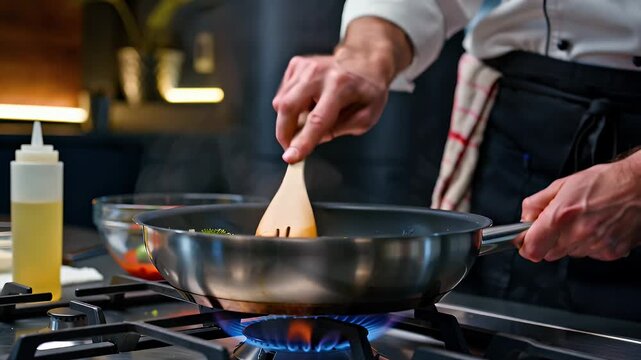 Chef skillfully saut?ing fresh vegetables in a modern kitchen with vibrant colors and steam