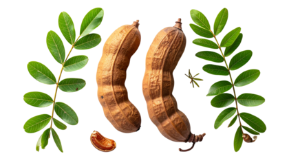Two brown, curved tamarind pods flanked by vibrant green leaves and a single seed