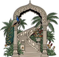 Create a Mughal garden arch with column, tropical plants, peacock, flower vase, and staircase decorative frame vector art with white background..